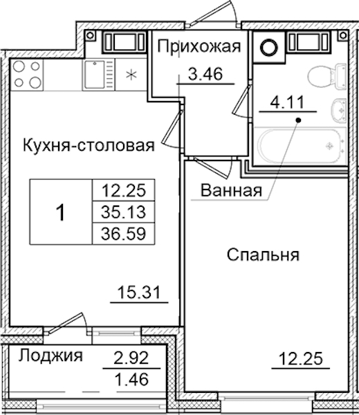 1-комнатная квартира 36.59 м², 2/9 эт., ЖК «Квартал Заречье»